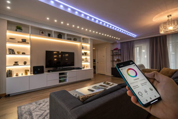 Modernes Wohnzimmer mit smarten LED-Lampen, Bewegungsmeldern und App-Steuerung für energieeffiziente Beleuchtung und mehr Nachhaltigkeit.