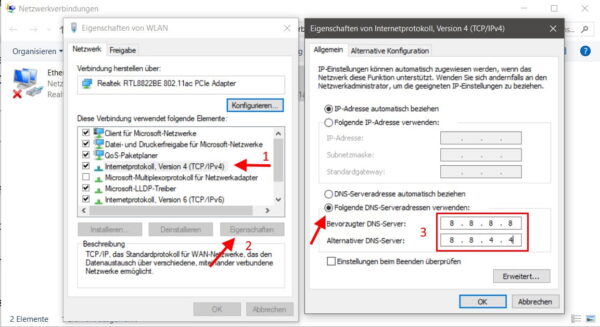 Einstellungen für alternative DNS-Server in Windows: Manuelle Eingabe von Google DNS (8.8.8.8 und 8.8.4.4) zur Behebung von Verbindungsproblemen.