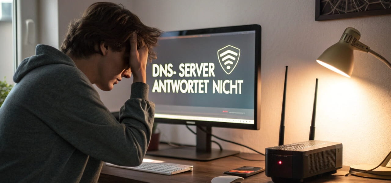 Fehlermeldung ‚DNS-Server antwortet nicht‘ auf einem Computerbildschirm mit genervtem Nutzer am Schreibtisch.