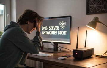 Fehlermeldung ‚DNS-Server antwortet nicht‘ auf einem Computerbildschirm mit genervtem Nutzer am Schreibtisch.