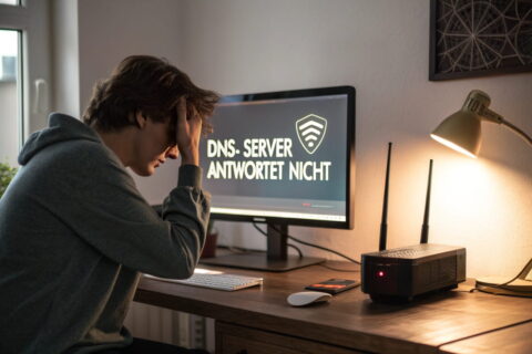 Fehlermeldung ‚DNS-Server antwortet nicht‘ auf einem Computerbildschirm mit genervtem Nutzer am Schreibtisch.