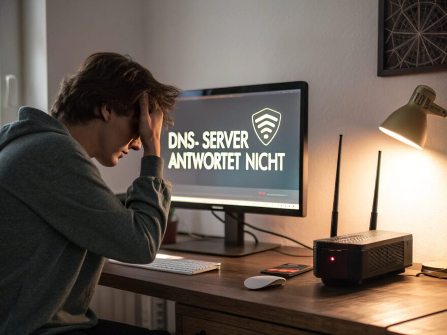 Fehlermeldung ‚DNS-Server antwortet nicht‘ auf einem Computerbildschirm mit genervtem Nutzer am Schreibtisch.