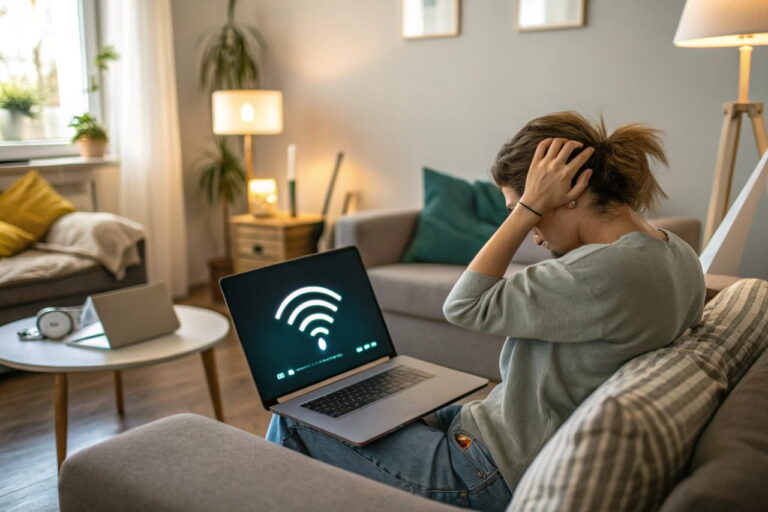 WLAN-Reichweite plötzlich schlechter – Person mit schwachem Signal durch ungünstige Router-Position und Störquellen im Haushalt.