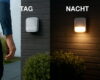 Bewegungsmelder im Vergleich bei Tag und Nacht an einer Hauswand