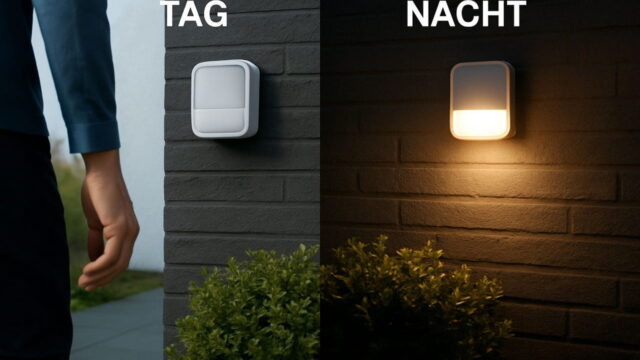 Bewegungsmelder im Vergleich bei Tag und Nacht an einer Hauswand