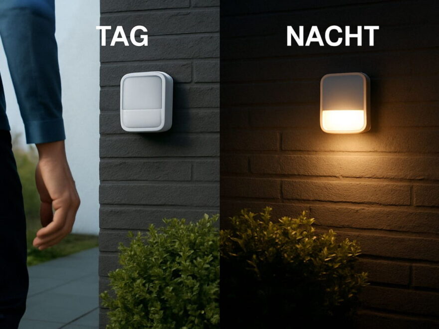 Bewegungsmelder im Vergleich bei Tag und Nacht an einer Hauswand
