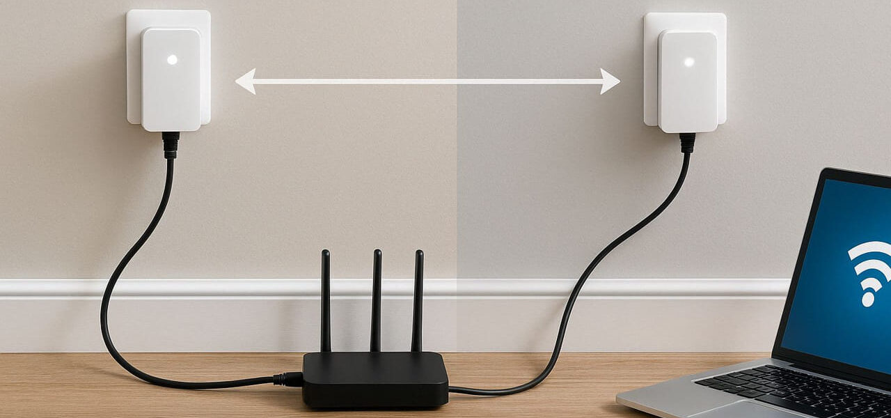 Powerline-Adapter im Einsatz – Netzwerkverbindung über das Stromnetz zwischen zwei Räumen