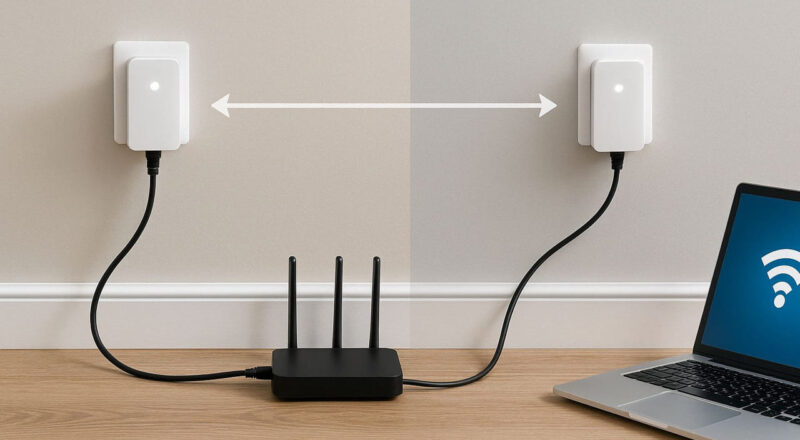 Powerline-Adapter im Einsatz – Netzwerkverbindung über das Stromnetz zwischen zwei Räumen