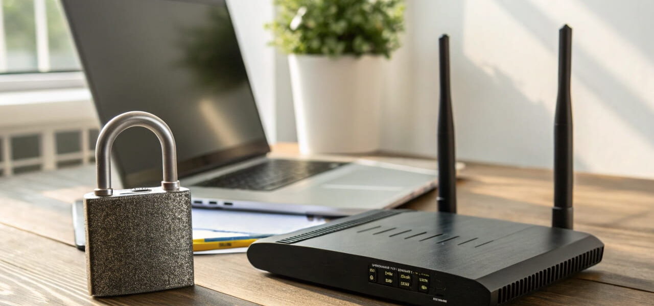 Heimrouter mit Schloss als Symbol für ein sicheres Router-Passwort und Netzwerkschutz im privaten Zuhause.