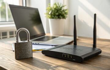 Heimrouter mit Schloss als Symbol für ein sicheres Router-Passwort und Netzwerkschutz im privaten Zuhause.
