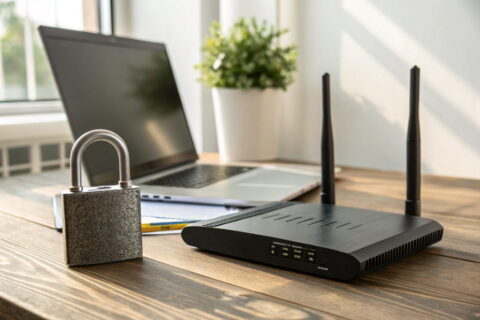 Heimrouter mit Schloss als Symbol für ein sicheres Router-Passwort und Netzwerkschutz im privaten Zuhause.