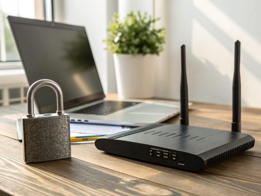 router passwort sicherheit Heimrouter mit Schloss als Symbol für ein sicheres Router-Passwort und Netzwerkschutz im privaten Zuhause.
