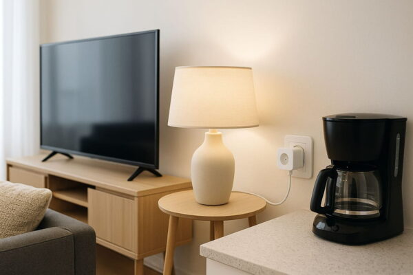 Stromverbrauch im Wohnzimmer mit Smart Plug erfassen Smart Plug misst den Stromverbrauch von Kaffeemaschine und Wohnzimmergeräten