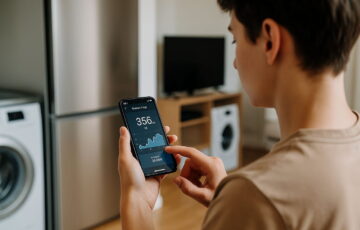 Person misst den Stromverbrauch im Haushalt mit Smartphone-App