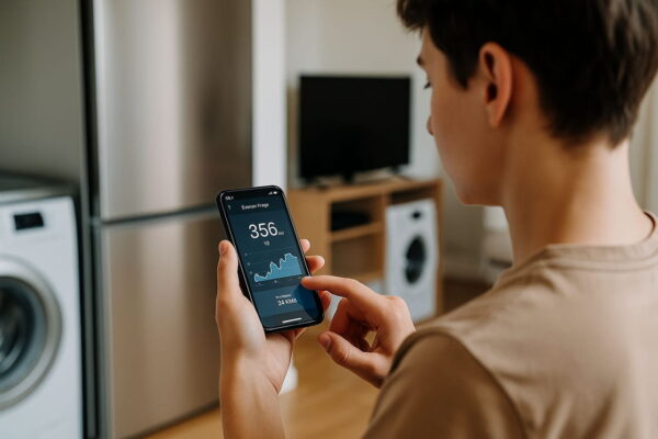 Stromverbrauch im Haushalt messen und überwachen Person misst den Stromverbrauch im Haushalt mit Smartphone-App