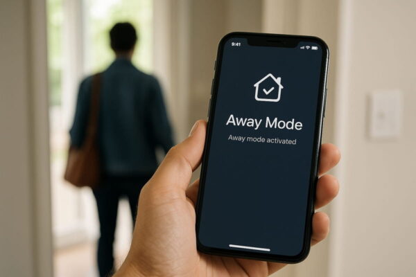 Abwesenheitserkennung mit automatischem Alarm im Smart Home Smartphone erkennt Abwesenheit und aktiviert automatisch den Alarm