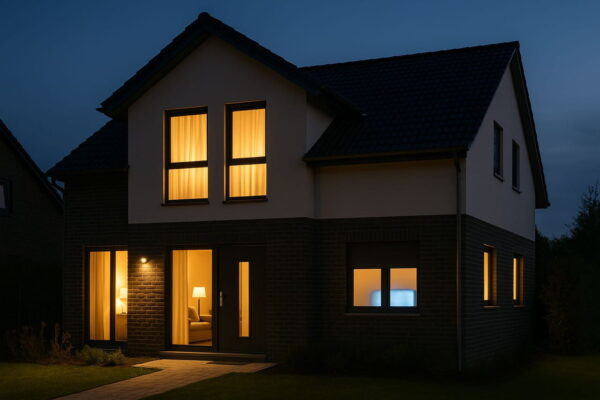 Smarte Anwesenheitssimulation mit Licht und Rollläden am Wohnhaus Beleuchtetes Haus am Abend als Beispiel für eine realistische Anwesenheitssimulation gegen Einbruch
