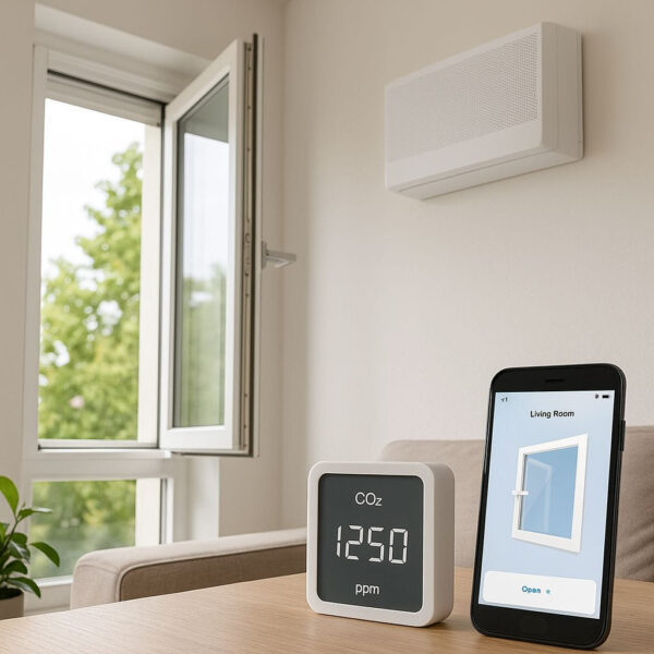 Systeme und Geräte für automatisiertes Lüften im Alltag Alltagsszene mit CO₂-Sensor, App-Steuerung und offenem Fenster zur automatisierten Lüftung