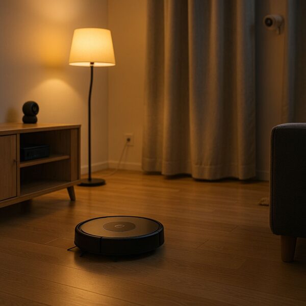 Simulierte Bewegung im Haus mit smarten Geräten wie Saugroboter und Lichtsteuerung Saugroboter im Wohnzimmer als Beispiel für simulierte Bewegung durch smarte Geräte zur Anwesenheitssimulation