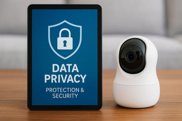 Datenschutz und Sicherheit bei der Haustierüberwachung Tablet mit Datenschutzsymbol neben smarter Kamera im Wohnzimmer