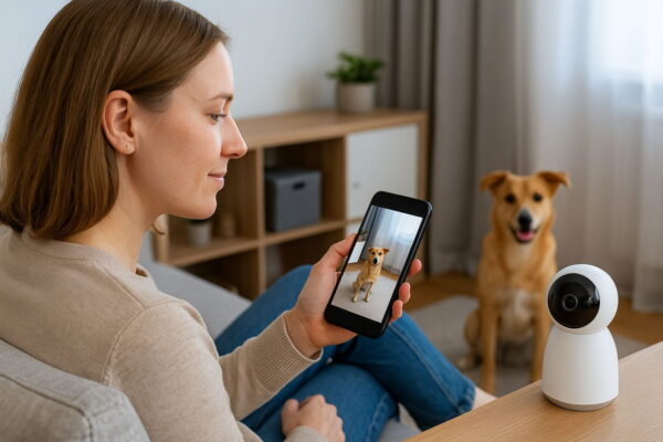 Haustierüberwachung mit Kamera und App im Wohnzimmer Haustierüberwachung: Frau beobachtet ihren Hund per Smartphone im Smart Home