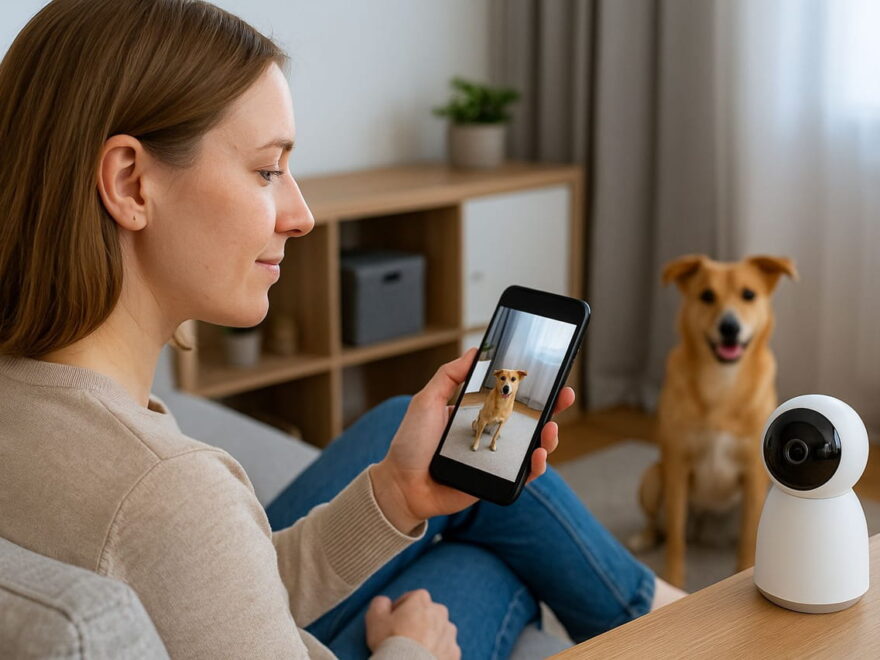Frau beobachtet ihren Hund per Smartphone im Smart Home