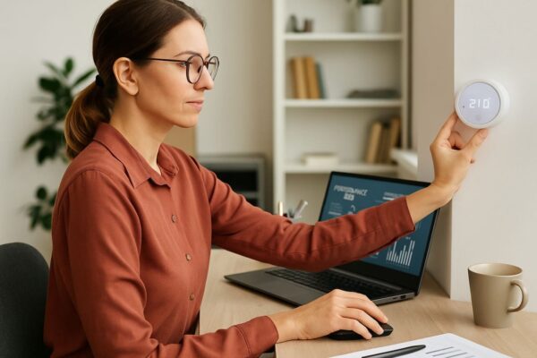 Heizprofile fürs Smart Home im Büro: So arbeitest du bei perfekter Temperatur Frau im Homeoffice stellt smartes Thermostat auf Wohlfühltemperatur ein