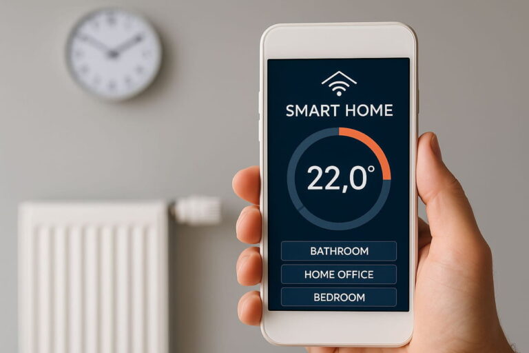 Heizprofile fürs Smart Home einfach erklärt – Smartphone zeigt Heizsteuerung für Bad, Büro und Schlafzimmer