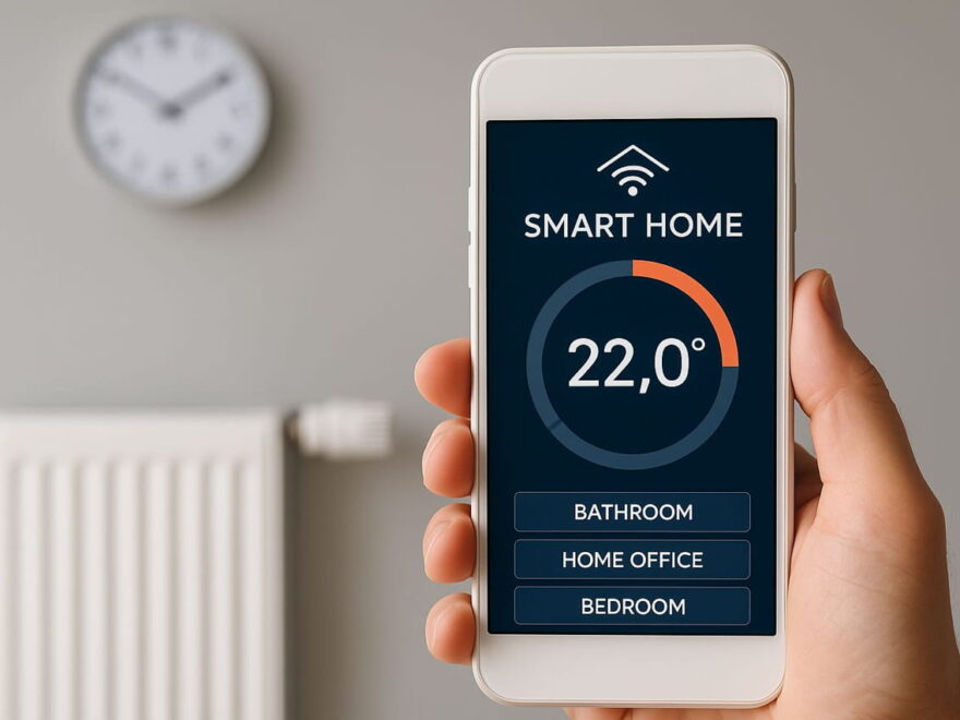 Heizprofile fürs Smart Home einfach erklärt – Smartphone zeigt Heizsteuerung für Bad, Büro und Schlafzimmer