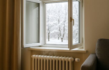 Geöffnetes Fenster im Winter über einem laufenden Heizkörper mit Thermostat