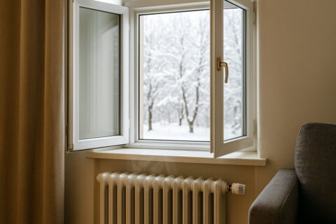 Geöffnetes Fenster im Winter über einem laufenden Heizkörper mit Thermostat