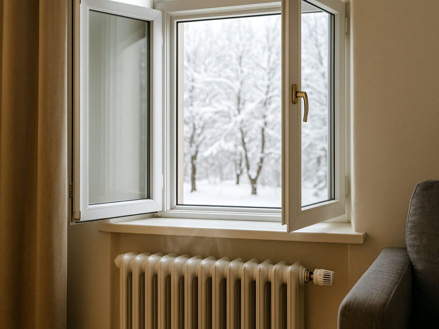 Geöffnetes Fenster im Winter über einem laufenden Heizkörper mit Thermostat