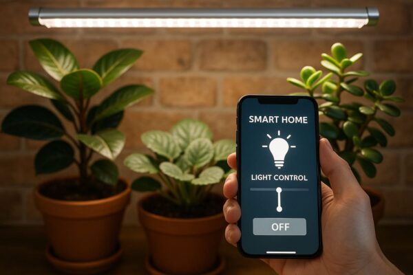 Automatisierte Lichtsteuerung für Pflanzenlicht einrichten Smartphone steuert LED-Pflanzenlicht im Smart Home automatisch
