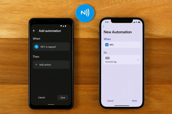 NFC-Automationen einrichten mit Android und iOS Zwei Smartphones zeigen die Einrichtung von NFC-Automationen für Android und iOS
