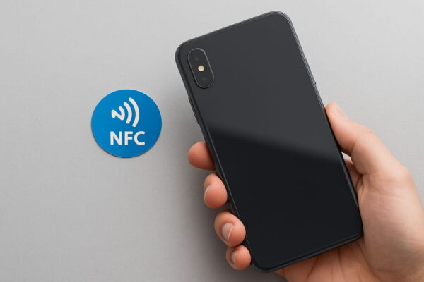 Was ist ein NFC-Tag und wie funktioniert er? Smartphone wird über einem NFC-Tag gehalten zur Steuerung von Geräten