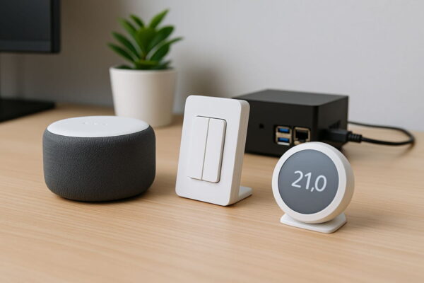 Smart-Home-Geräte mit Offline-Sprachsteuerung im Überblick Smart-Home-Geräte mit echter Offline-Sprachsteuerung auf einem Schreibtisch