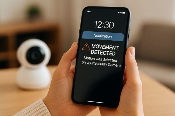 Push-Nachricht bei Bewegung durch Smart-Home-Kamera Smartphone zeigt Sicherheitskamera-Alarm bei Bewegung