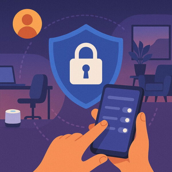 Datenschutz und Zugriffsrechte in Smart-Home-Zonen absichern Datenschutz und Nutzerrechte in verschiedenen Smart-Home-Zonen dargestellt mit Symbolen und Geräten