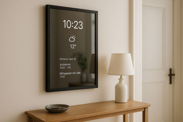 Smart Mirror aufhängen: So machst du es richtig Smart Mirror auf Augenhöhe im Eingangsbereich montiert – mit klarer Anzeige von Wetter, Uhrzeit und Kalender auf dem Spiegel