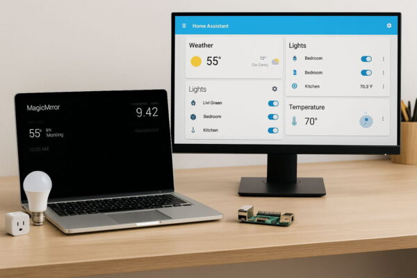Smart Mirror Software: MagicMirror² & Home Assistant im Vergleich MagicMirror² und Home Assistant als Software-Optionen für Smart Mirror – Beispiel mit Monitoransicht und Raspberry Pi