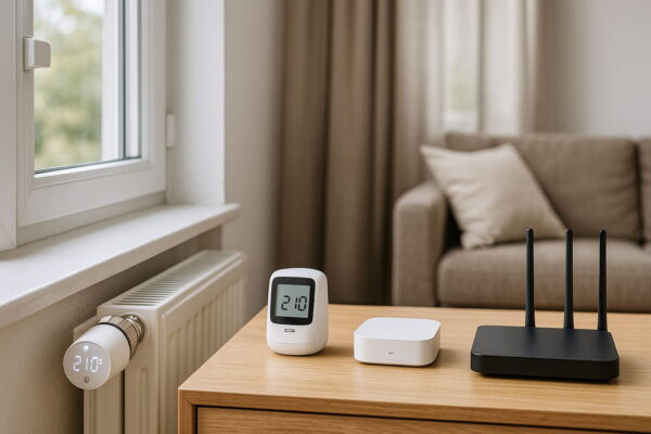 Voraussetzungen für die smarte Heizungssteuerung im Smart Home Smart-Home-Setup mit Thermostat, Gateway und Router im Wohnzimmer