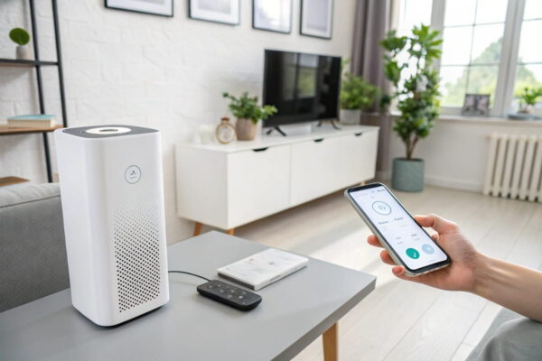 Automatische Luftreinigung per Smart-Home-App und Sensorsteuerung Smarte Raumluft: Automatischer Luftreiniger wird per Smartphone-App und Luftqualitätssensor in einem modernen Wohnzimmer aktiviert