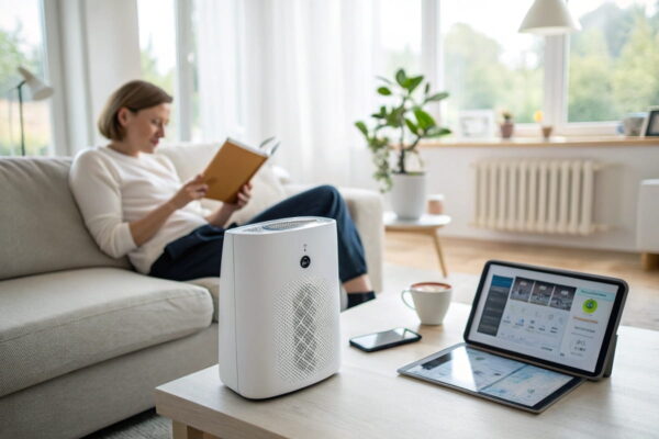Energieeffizient leben mit smarten Raumluftsystemen für mehr Wohlbefinden Smarte Raumluft: Person entspannt im Wohnzimmer, während ein Luftreiniger energieeffizient läuft und Lebensqualität spürbar verbessert