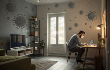 Smarte Raumluft: Erschöpfter Mann in stickigem Wohnzimmer mit schlechter Luftqualität und sichtbaren Partikeln in der Luft
