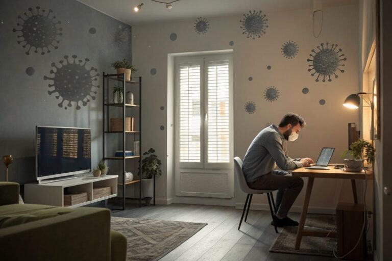 Smarte Raumluft: Erschöpfter Mann in stickigem Wohnzimmer mit schlechter Luftqualität und sichtbaren Partikeln in der Luft