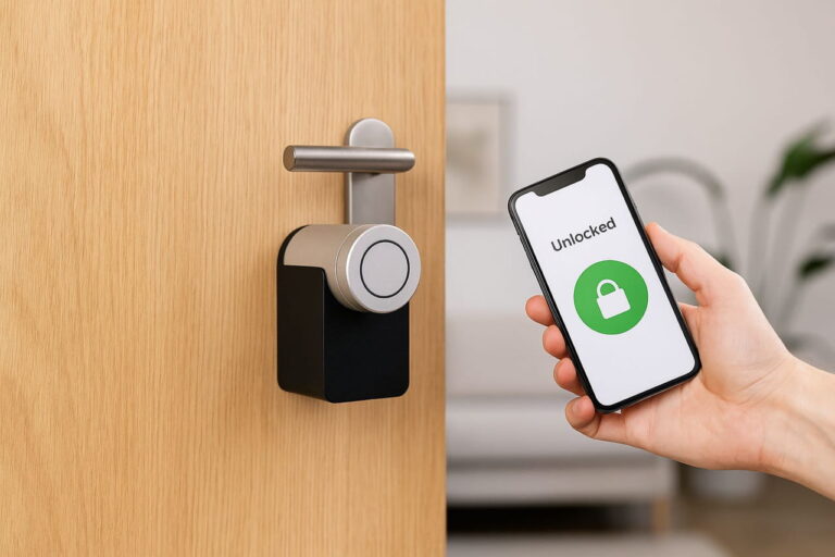 Smartes Türschloss an Holztür mit App-Steuerung per Smartphone