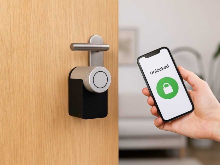Smartes Türschloss an Holztür mit App-Steuerung per Smartphone