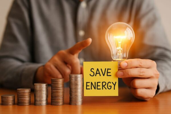 Strom sparen mit einfachen Maßnahmen und Energiebewusstsein Hand hält Glühbirne neben Münzstapeln und Notizzettel mit Save Energy