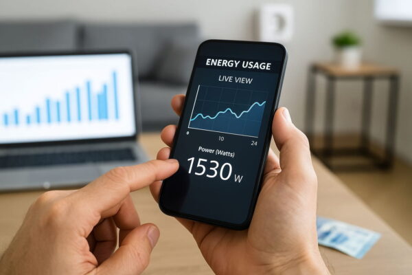 Stromverbrauch live visualisieren mit Smartphone und App Smartphone zeigt Stromverbrauch live als Kurvendiagramm in Watt