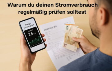 Mann prüft Stromverbrauch auf dem Smartphone neben Stromrechnung und Bargeld